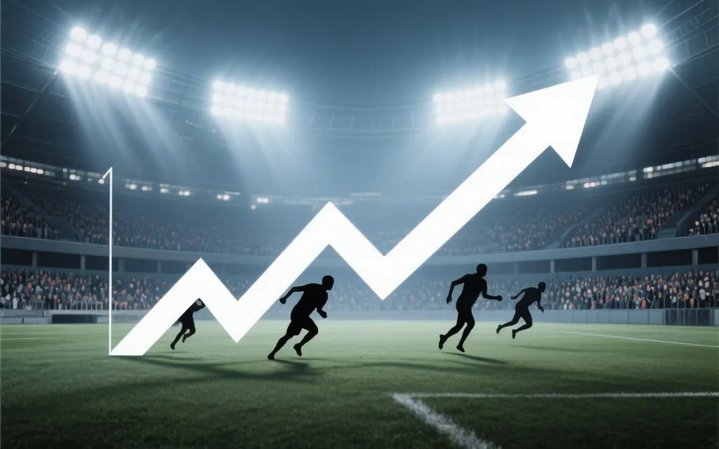 社交媒体数据曲线向上，球员剪影与球场灯光叠加，象征世界杯期间影响力与商业价值跃迁