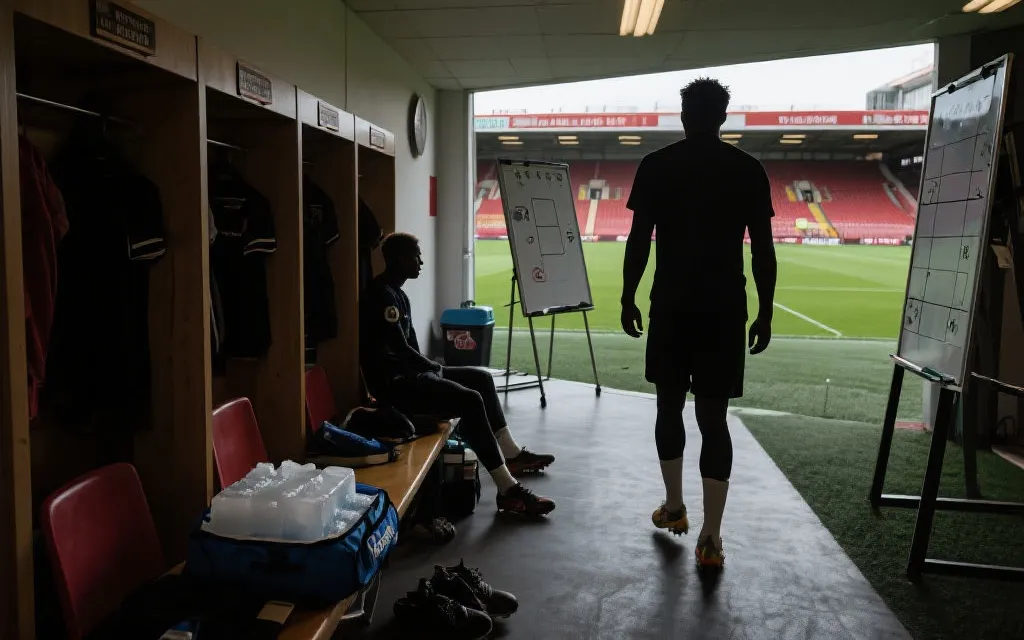 加拿大队在世界杯比赛日训练与恢复的更衣室与场边氛围示意